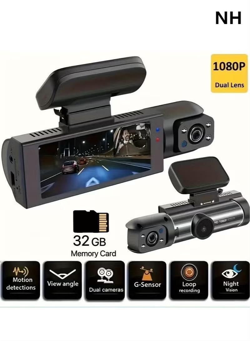 NH 1080P Dual Lens Dash Cam | Front & Inside Recording, IR Night Vision, Loop Recording | 3.16-inch IPS Screen, Parking Monitor, Wide Angle - Image 1